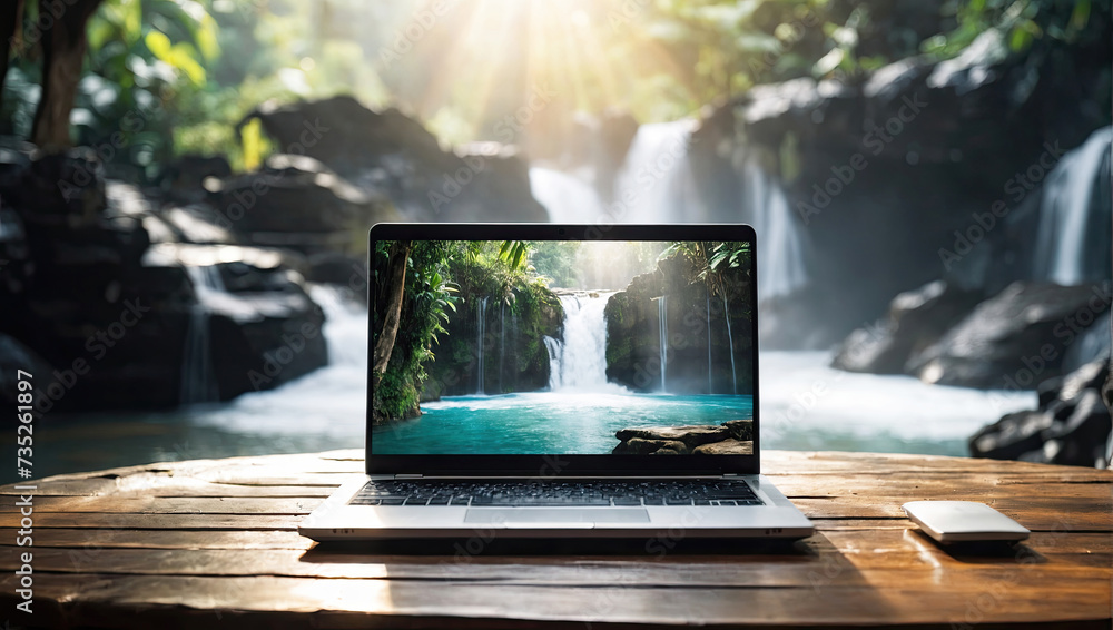 Laptop with waterfall in the tropical jungle wallpaper on table on a mountain lake in the rocks with waterfall. Remote work on vacation and travel, home office, internet, tours, trekking.  - obrazy, fototapety, plakaty 