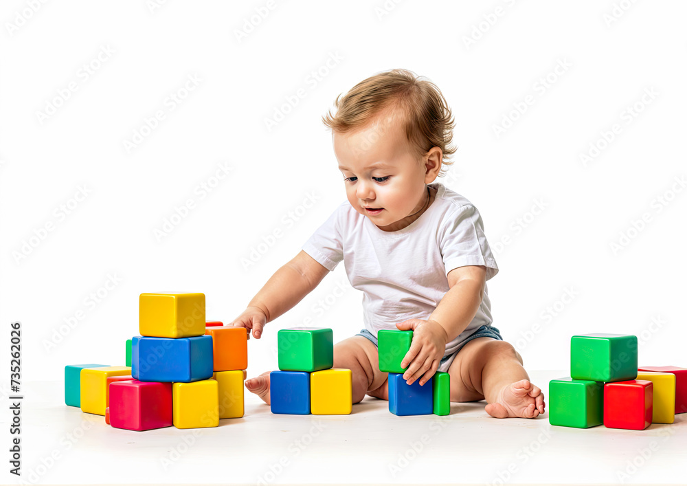 cute baby boy playing with colorful wooden blocks isolated on white background