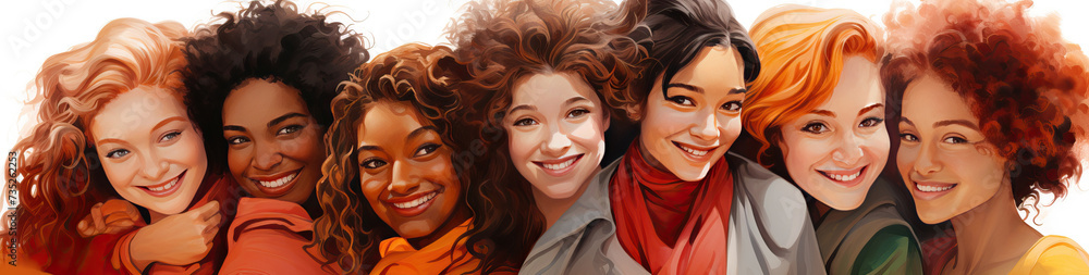 Illustration of a group of happy women of different nationalities hugging on a white background. Concept of women's day, women's solidarity Illustration of a group of happy women of different nationalities hugging on a white background. Concept of women's day, women's solidarity