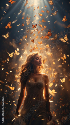 A woman in a magical misty light surrounded by butterflies in a ray of light - enjoyment of nature, beauty, feminine energy, femininity, magical radiance, unity with nature.  © Ольга Симонова