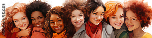 Illustration of a group of happy women of different nationalities hugging on a white background. Concept of women's day, women's solidarity photo