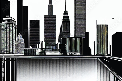 Illustration of an aerial view of a fictional modern city with skyscrapers and street. Modern cityscape seamless pattern. Illustration with architecture, skyscrapers, megapolis buildings downtown. 