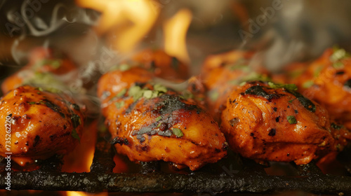 A delicious sight of golden tandoori chicken glistening with a yogurt and e marinade sizzling as it cooks in a fiery tandoor oven. photo