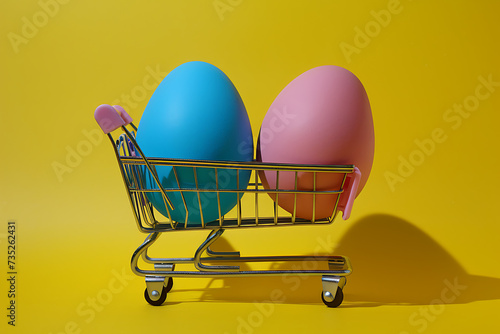 two jumbo easter eggs in a shopping cart on a yellow 