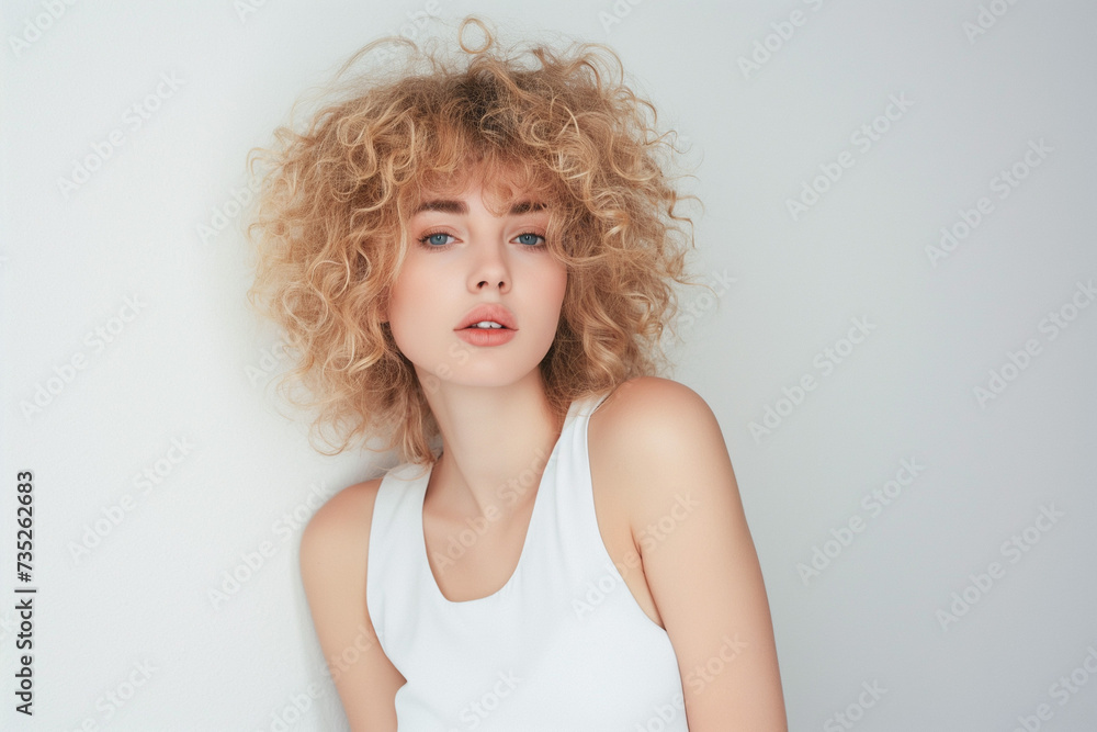 beautiful woman in white top with curly blonde hair beautiful woman in white top with curly blonde hair
