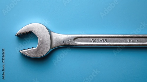 Flat lay of combination spanner and screwdriver on a blue background, highlighting a comprehensive tool kit for after-sales service and maintenance photo
