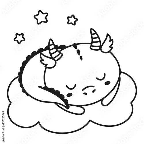 cute baby dragon sleeping on cloud isolated on white background, outline flat vector illustration with symbol of new year