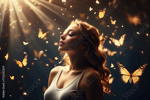 A woman in a magical misty light surrounded by butterflies in a ray of light - enjoyment of nature, beauty, feminine energy, femininity, magical radiance, unity with nature. 