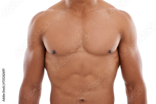 Fitness, chest and man in studio for wellness, body care and hygiene treatment on white background. Muscle, stomach and male athlete closeup with glowing skin, torso and skincare, shower or routine