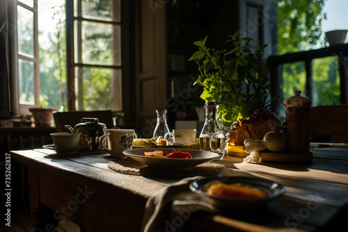 breakfast on a wooden table in the sunny morning