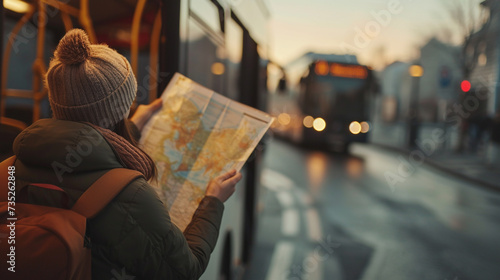 Woman walking in the city with map. Travel concept. 