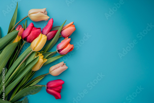 colorful bouquet of tulips on a blue background