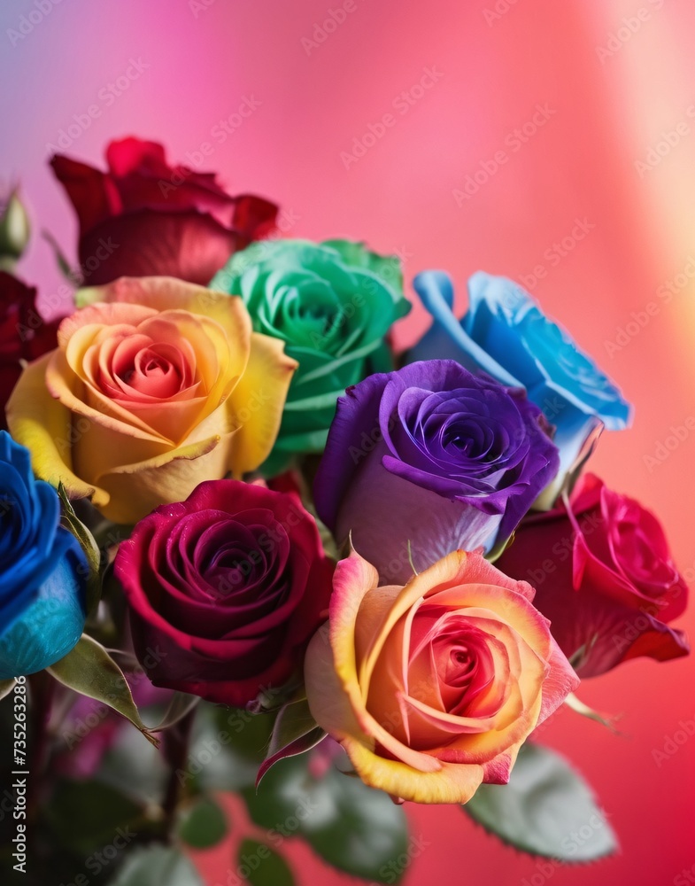 Fototapeta premium Beautifully arranged colorful bouquet of rainbow roses on blurred background.