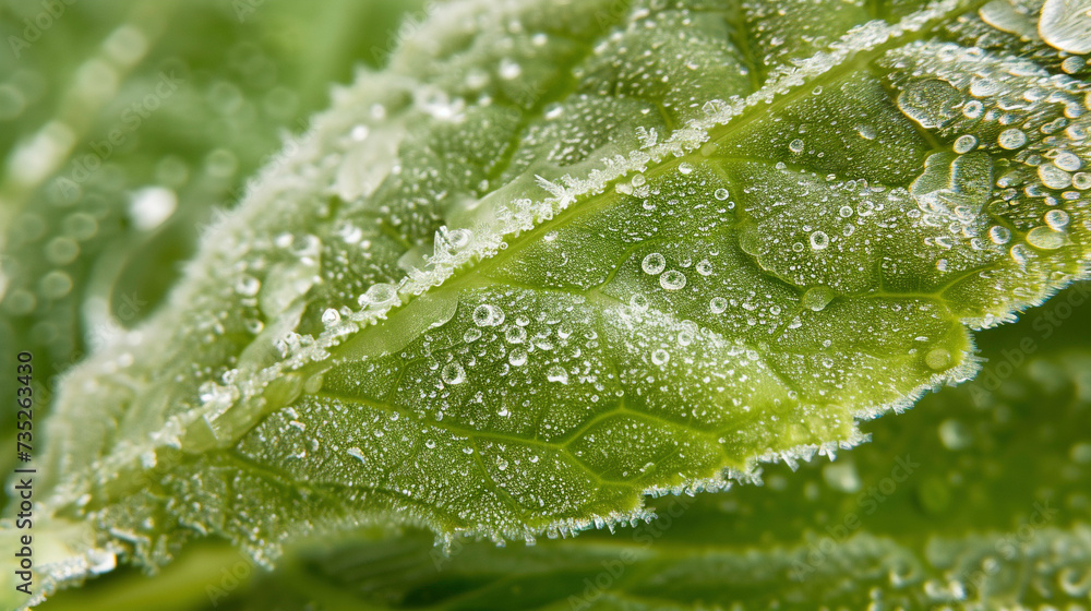 A close up of frost crystals forming on a winter leaf A close up of frost crystals forming on a winter leaf