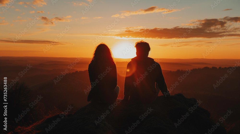 A couple watching the sunset from a mountain top