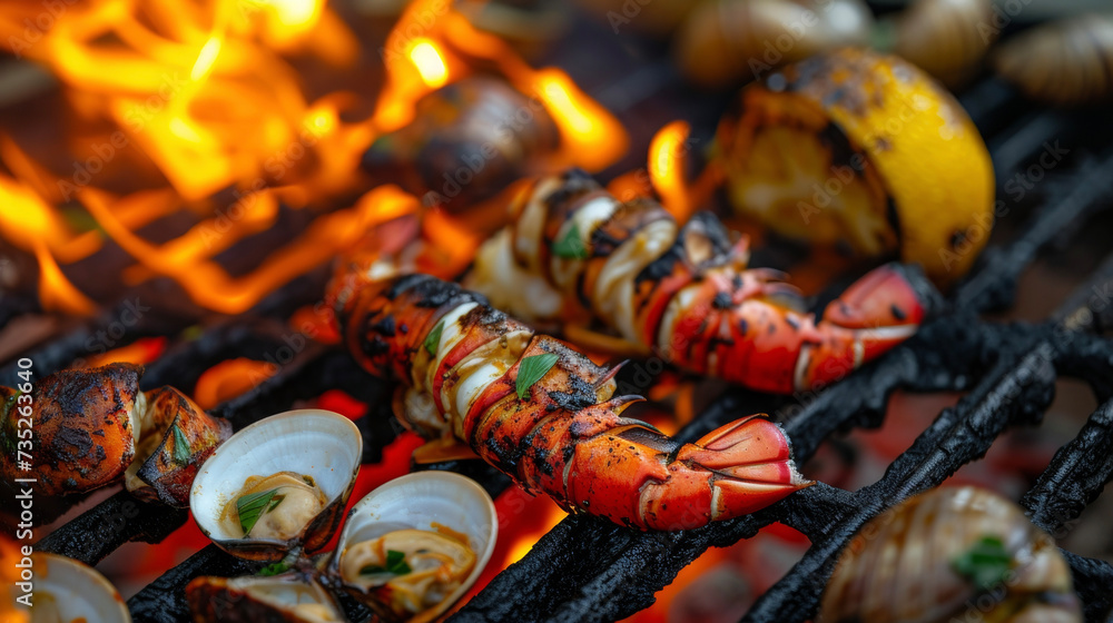 Juicy lobster tails and plump clams charred to perfection on the grill surrounded by a medley of grilled vegetables.