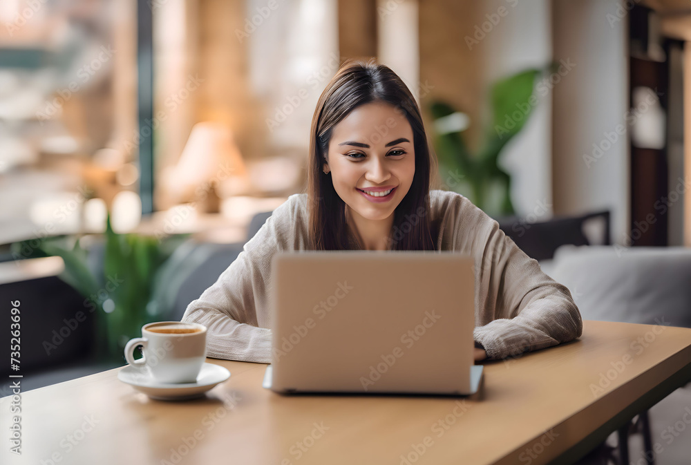 Video call and chat concept. Woman video conferencing on laptop in coffe shop. Generative ai.