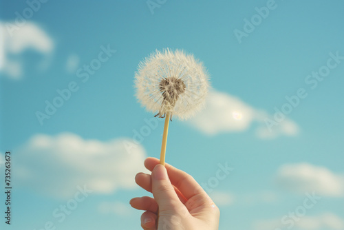 hand holding a dandelion with sky sky in background