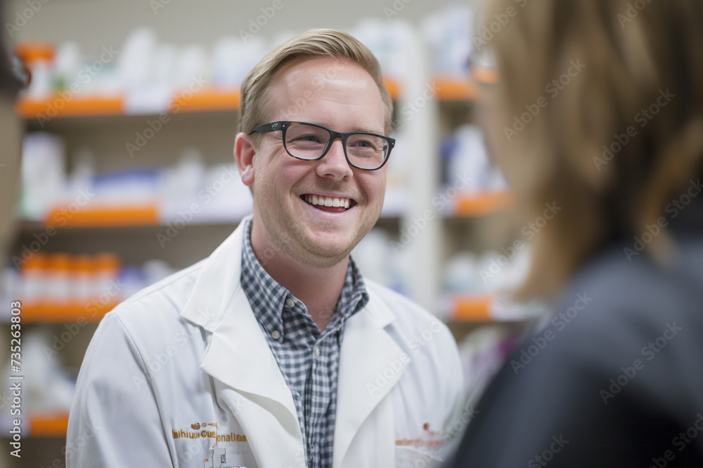 man in glasses and lab coat smiles at his pharmacist man in glasses and lab coat smiles at his pharmacist
