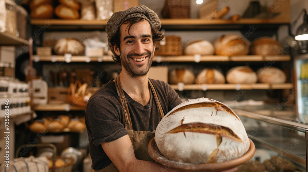 A proud baker displaying a freshly baked loaf of sourdough