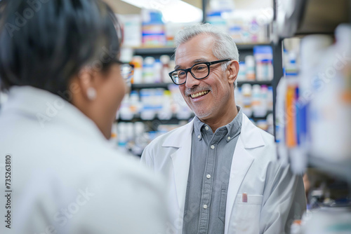 man in glasses and lab coat smiles at his pharmacist