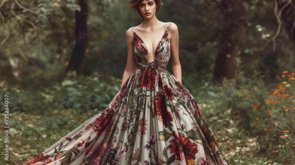 Fototapeta premium This jawdropping floorlength gown features an intricate floral and botanical print in shades of green and burgundy evoking a sense of enchantment and mystery. With its flowy