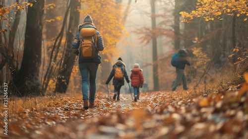 Family hiking in an autumn forest