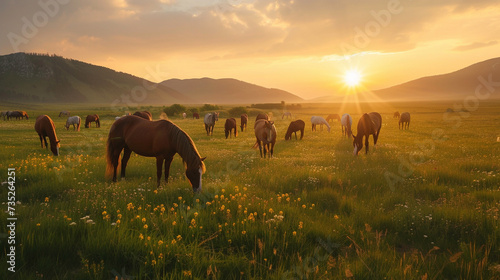 Herd of wild horses grazing in a verdant meadow at dawn