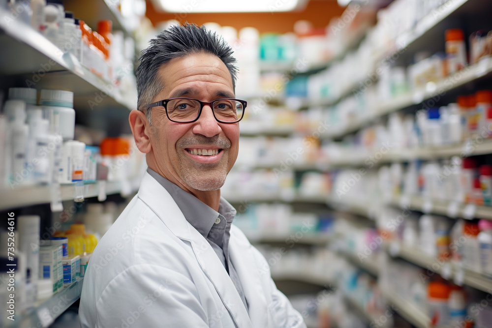 smiling man in glasses in the pharmacy smiling man in glasses in the pharmacy