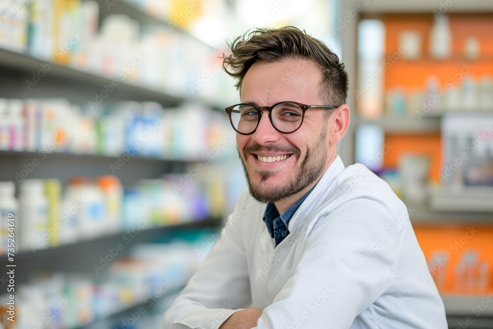 smiling man in glasses in the pharmacy smiling man in glasses in the pharmacy