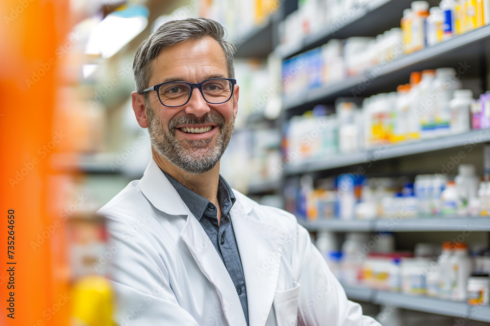 smiling man in glasses in the pharmacy