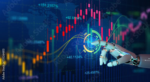 Ai Robot hand touching forex charts and diagrams stock market display on board. Investment and trading on stock market with Artificial Intelligence concept. photo