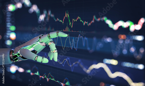 Ai Robot hand touching forex charts and diagrams stock market display on board. Investment and trading on stock market with Artificial Intelligence concept. photo