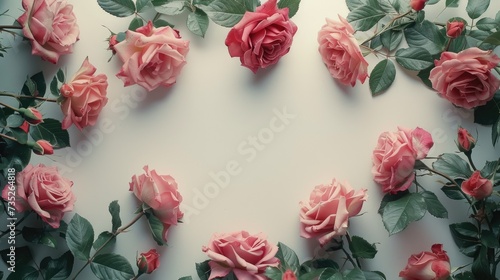 Pink roses on a white background forming a chic wreath frame, perfect for stylish apartment decor.