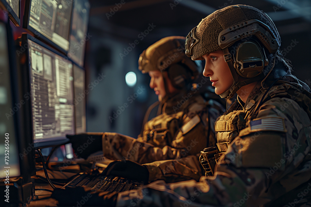 two female soldiers at a computer station