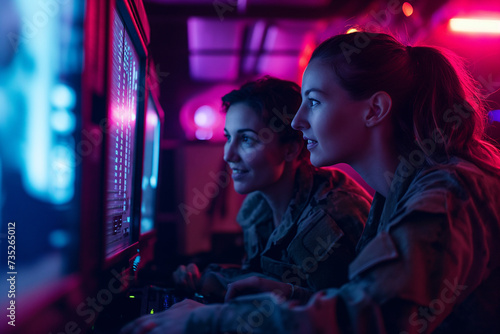 two female soldiers at a computer station