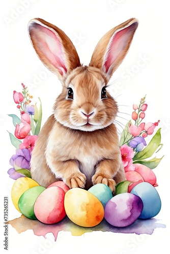 Watercolour cute Easter bunny with multicolored eggs and spring flowers is an illustration of a children character on a white background, a traditional holiday card. © Ольга Симонова