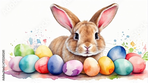 Watercolour cute Easter bunny with multicolored eggs and spring flowers is an illustration of a children character on a white background  a traditional holiday card.