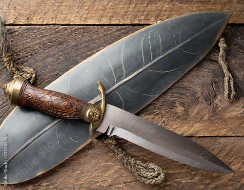 Knife and dagger on a wooden background. Selective focus. photo