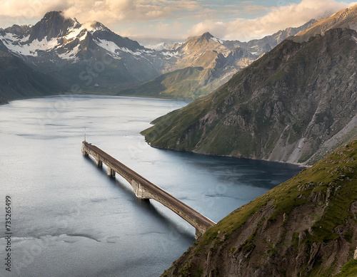 Ponte interrotto in un lago di montagna photo