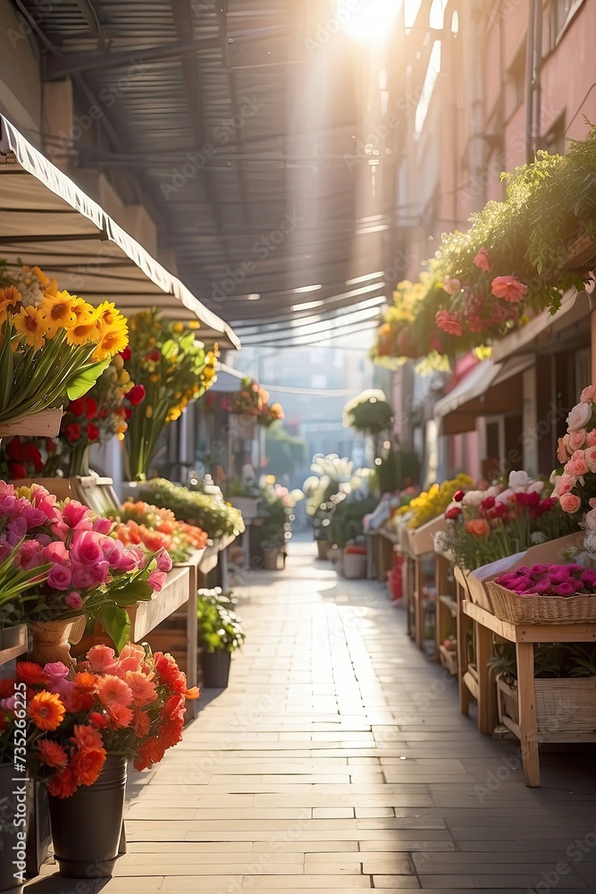 Flower market on the sunny street of the city - live cut bouquets are sold on outdoor stalls.