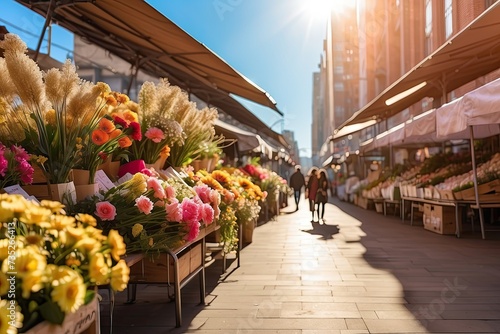 Flower market on the sunny street of the city - live cut bouquets are sold on outdoor stalls. #735266413