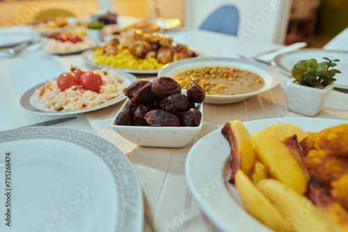 A picturesque array of dates and diverse, delectable dishes adorns the table, creating a sumptuous feast ready for the Iftar meal during the sacred month of Ramadan, embodying a rich tapestry of