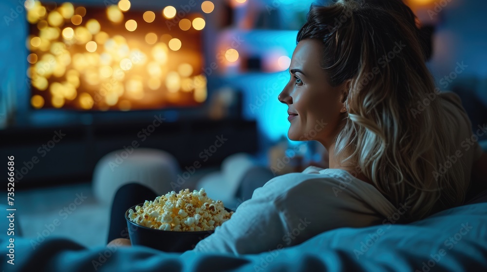 Couple in the living room on the sofa watching TV eating popcorn Couple in the living room on the sofa watching TV eating popcorn