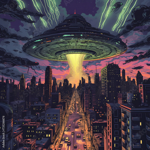 city under alien invasion in the style of a comic book graphic novel 