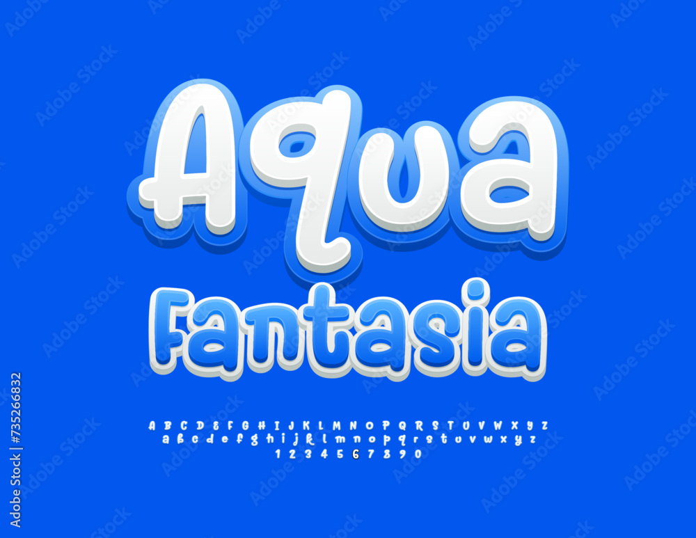 Vector creative banner Aqua Fantasia with artistic Font. Blue and White Alphabet Letters and Numbers set.