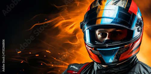 the image of a racing driver with his helmet, dark orange and light blue