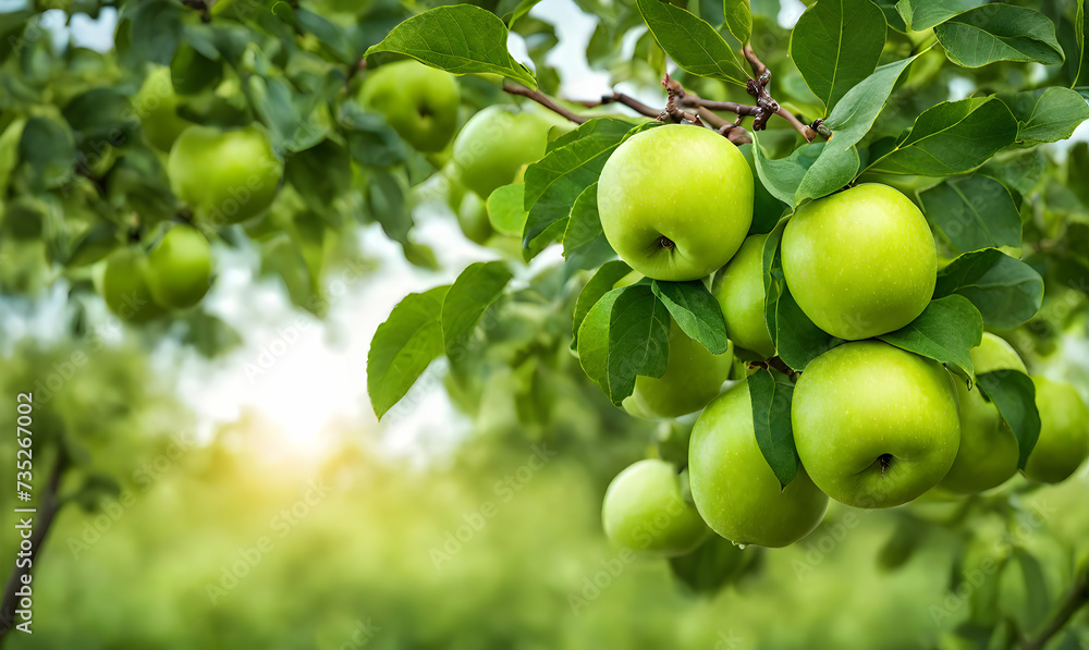Green apple-laden tree focal point, lush garden