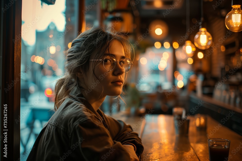 Young Woman Inside a Cozy Cafe During Evening Hours