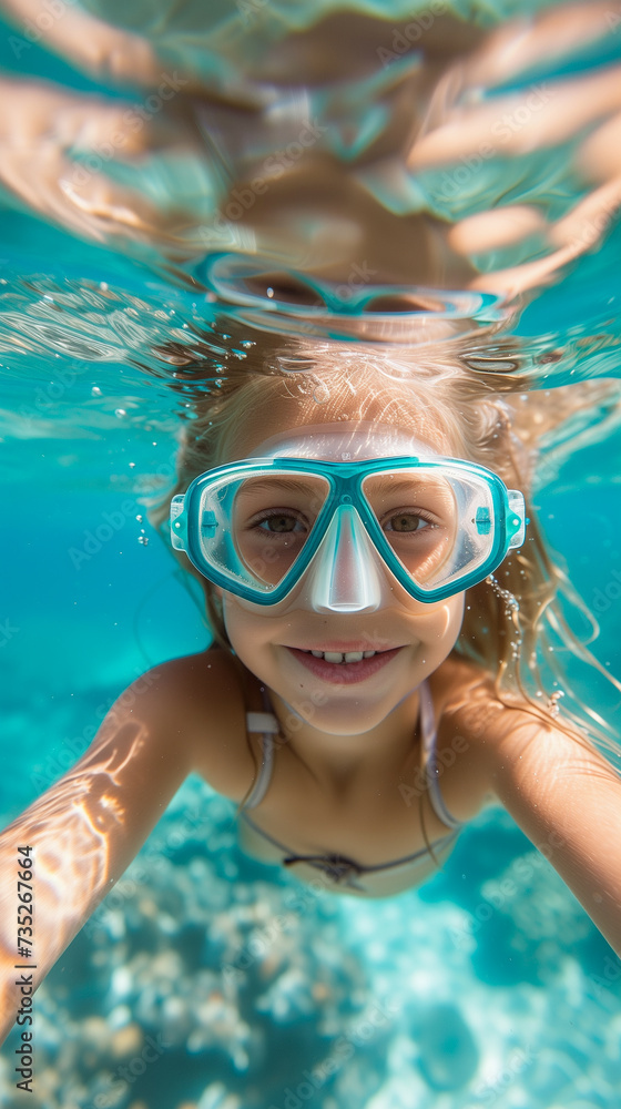 Fototapeta premium happy little girl snorkeling in clear sea